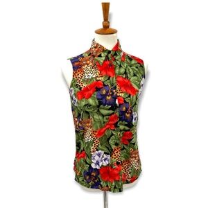 Vintage Jungle Leopard Graphic Button Up Shirt Collar Button Down Size S